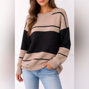 Pink Lily Colorblock, Distressed Sweater- Fits Like a Large